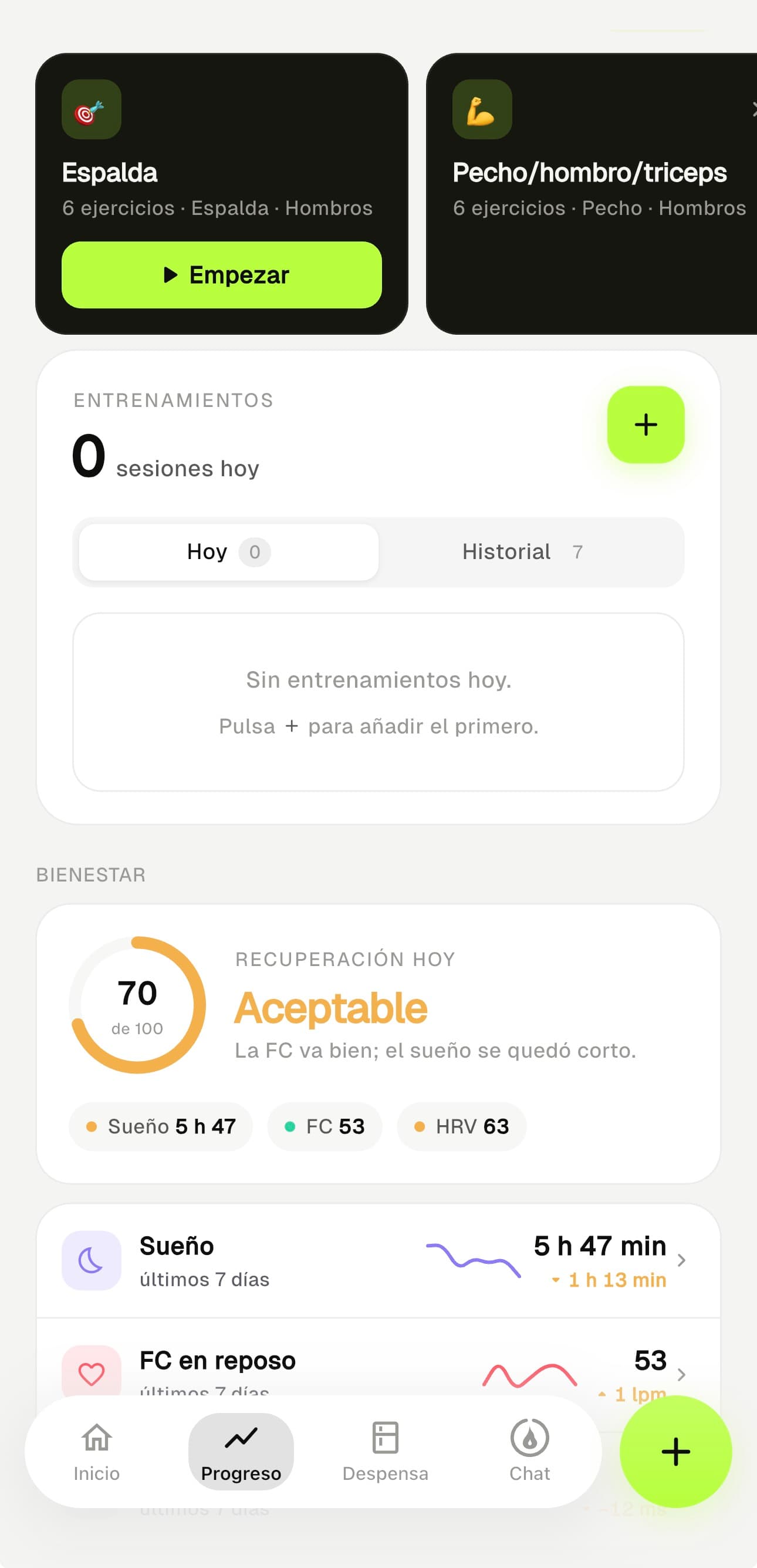 Pantalla de bienestar con sueño por fases, frecuencia cardíaca en reposo y HRV