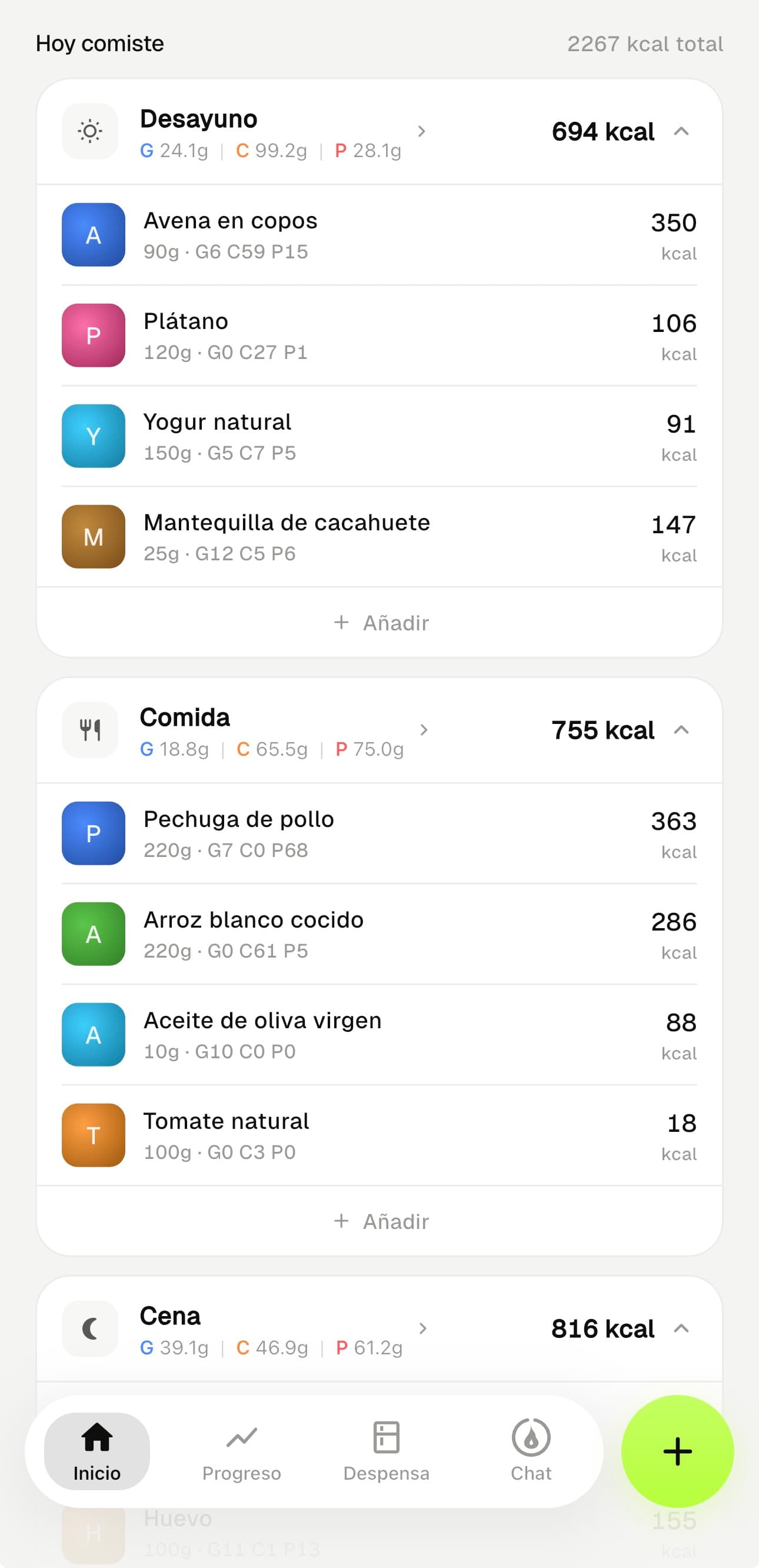 Diario de comidas de MacroDash: desayuno, comida y cena con sus calorías y macros