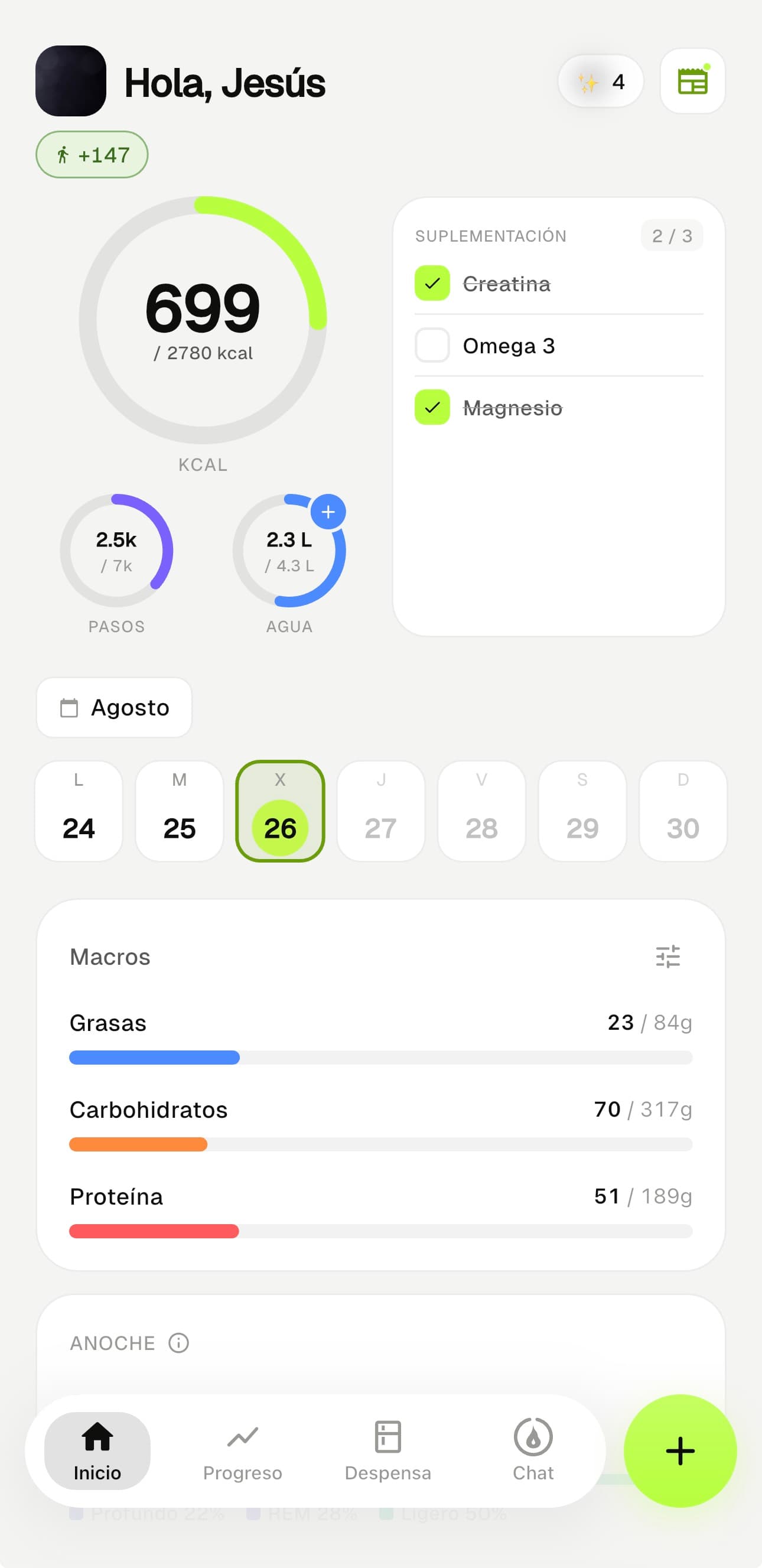 Contador de calorías y macros de MacroDash: pantalla principal con las calorías del día, macros, pasos y suplementación
