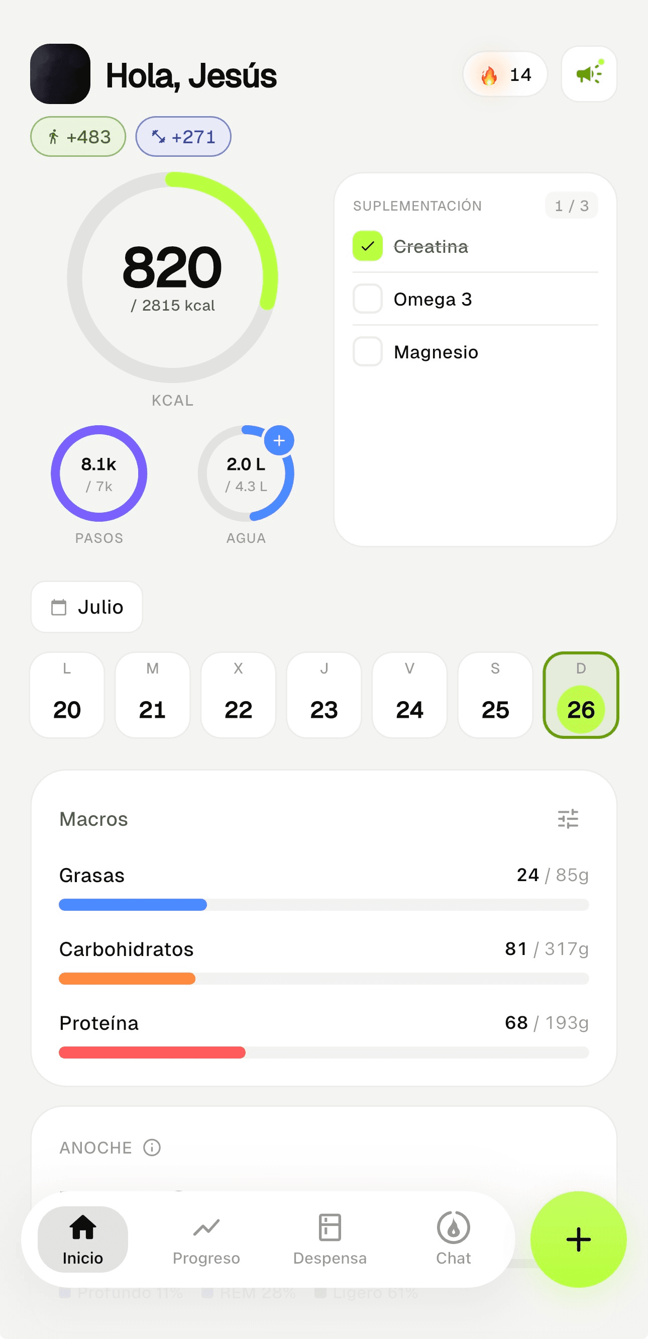 Contador de calorías y macros de MacroDash: pantalla principal con las calorías del día, macros, pasos y suplementación