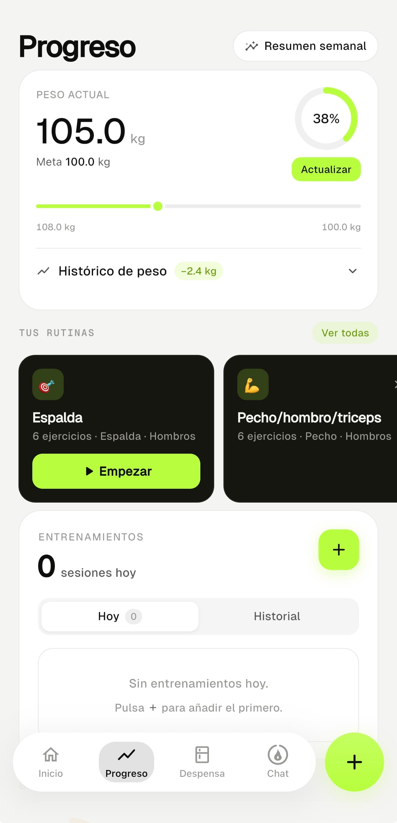 Pantalla de progreso de MacroDash con peso, balance energético y desglose del gasto calórico