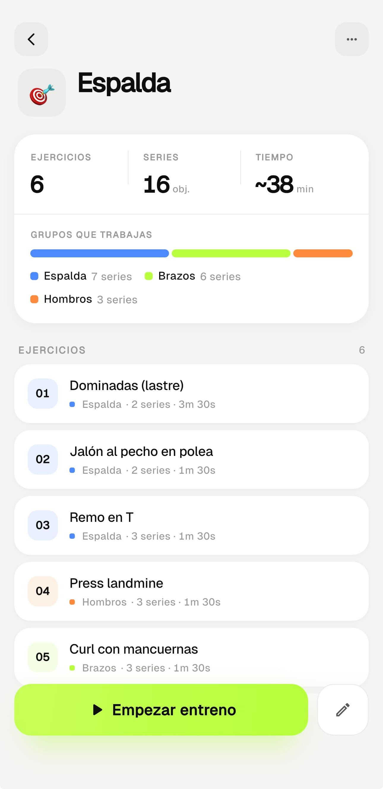 Detalle de un entrenamiento de fuerza con energía estimada, series por grupo y ejercicios
