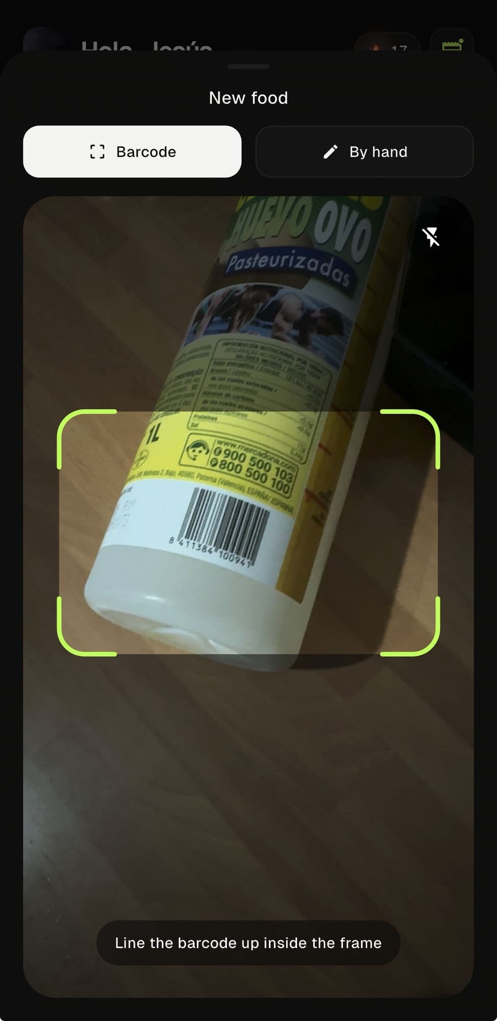 MacroDash barcode scanner reading a food’s barcode