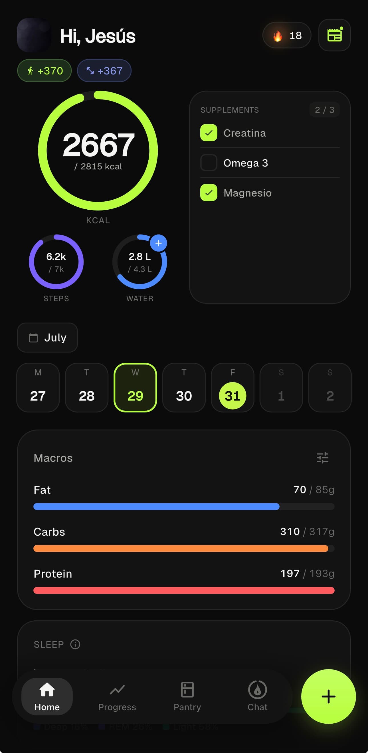 MacroDash calorie and macro tracker: home screen with the day's calories, macros, steps and supplements