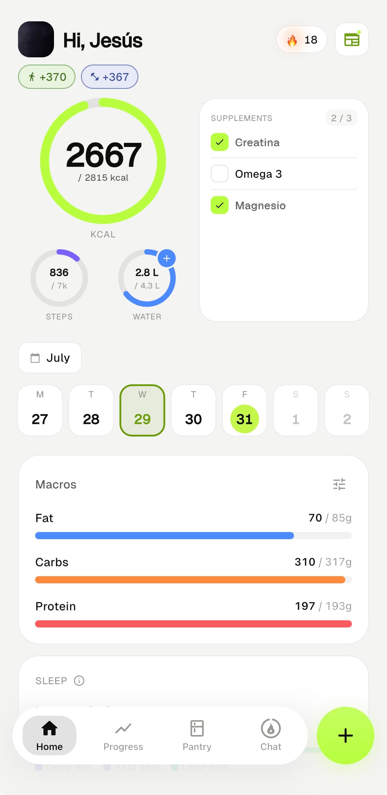 MacroDash calorie and macro tracker: home screen with the day’s calories, macros, steps and supplements